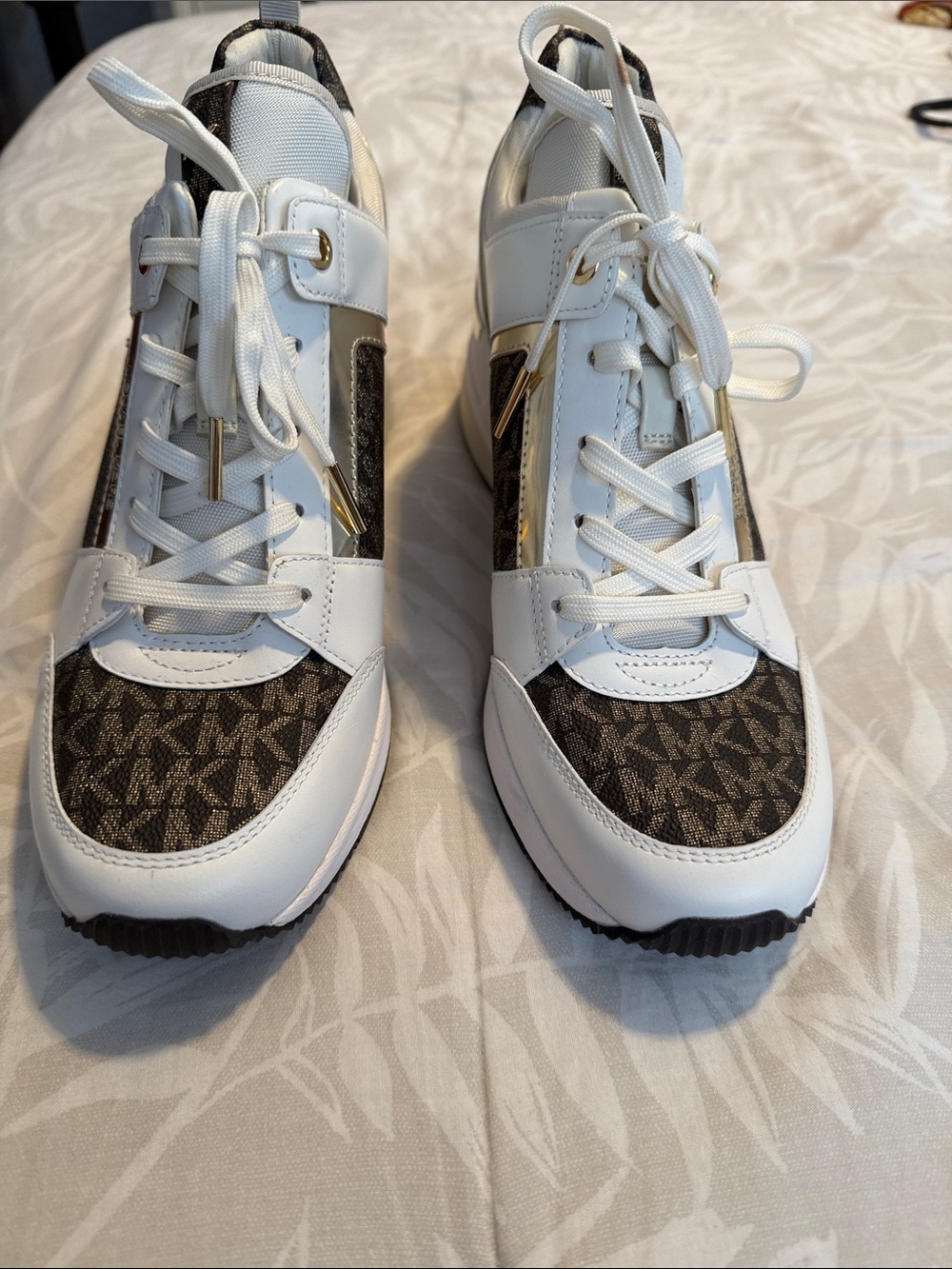 Michael Kors White Sneakers with Brown MK Logo Panels and Gold Accents
